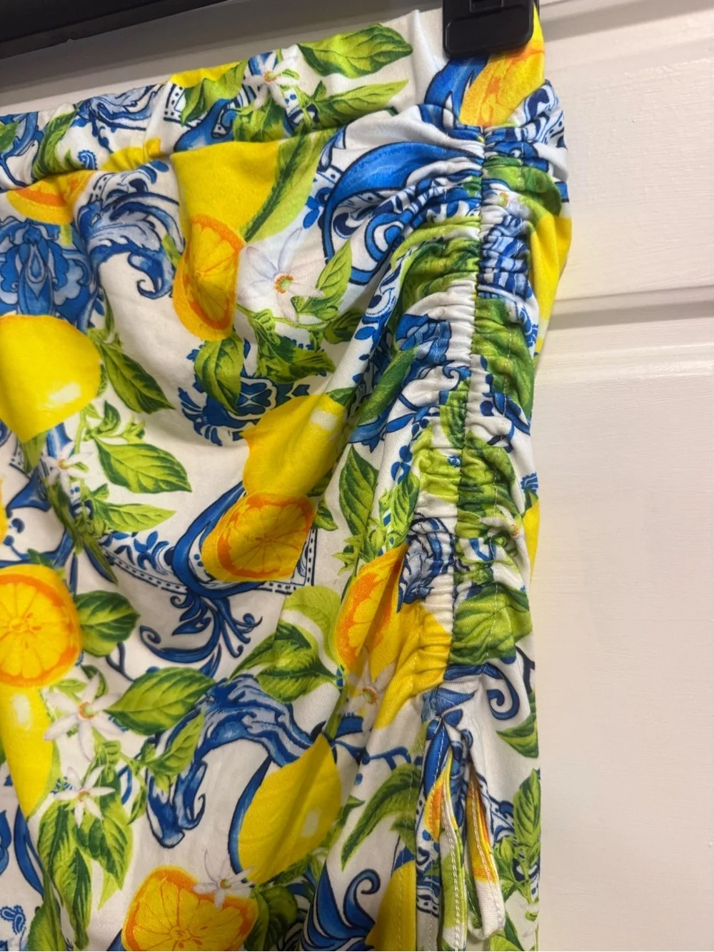 Lemon Blue Tile Print Ruched Side Slit Midi Skirt XS Mediterranean Coastal